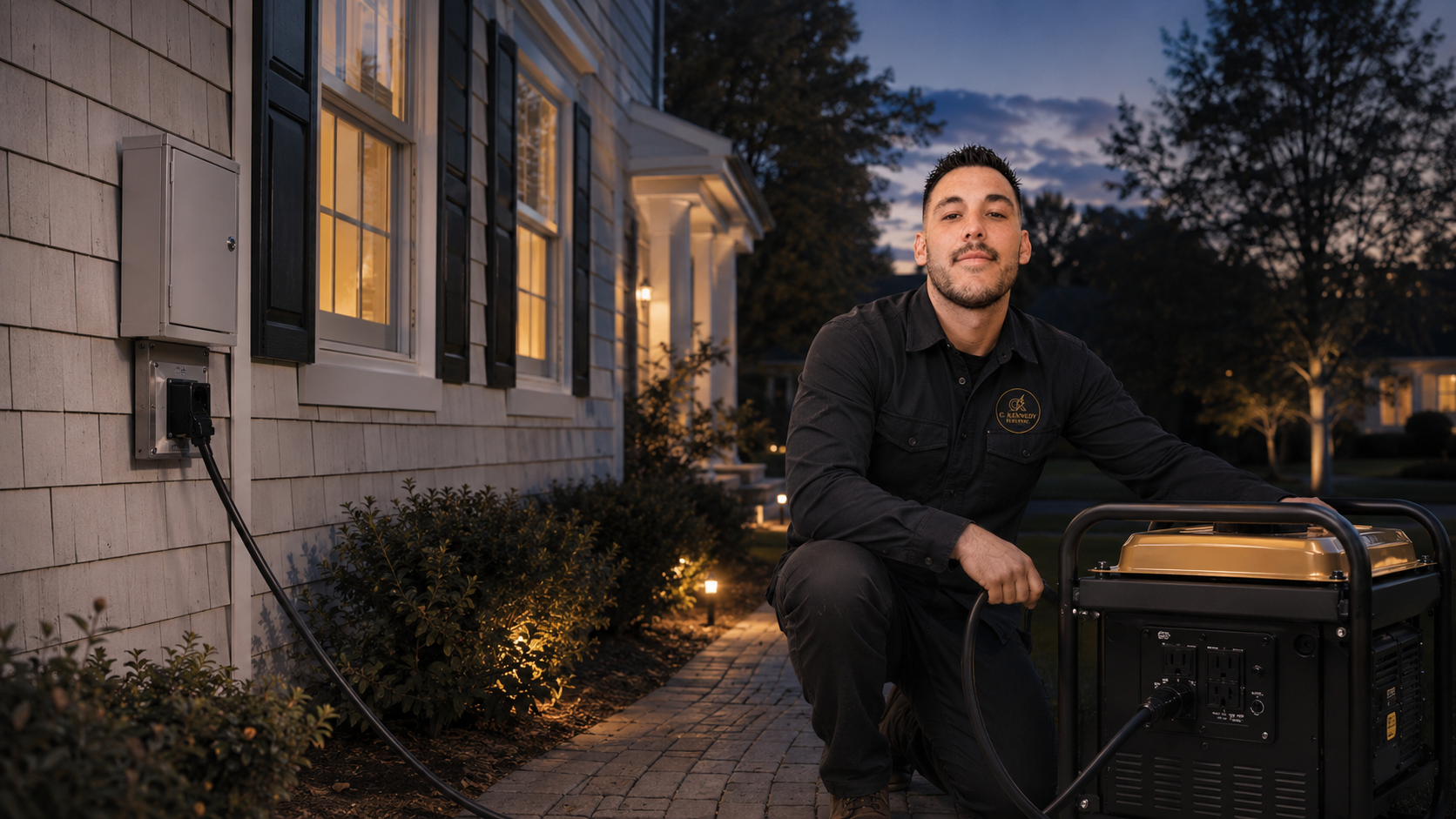 Christopher Kennedy crouching next to a portable generator plugged into a transfer switch outlet at a suburban home at dusk