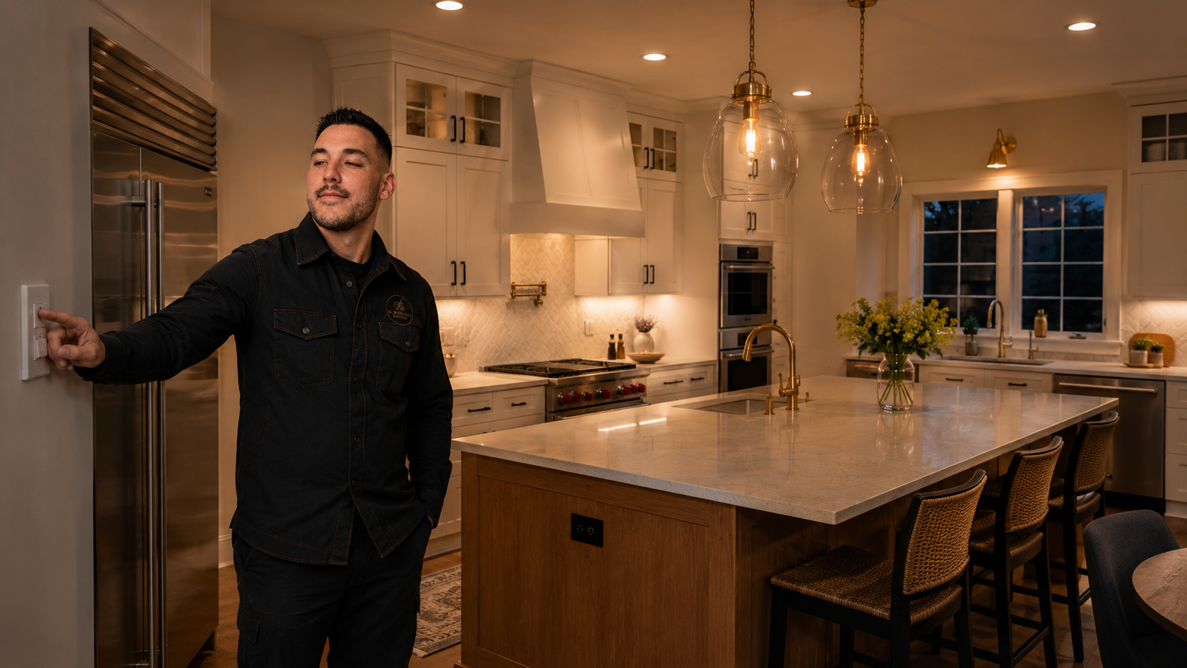 Christopher Kennedy in a luxury kitchen with globe glass pendant lights and recessed lighting, adjusting wall controls