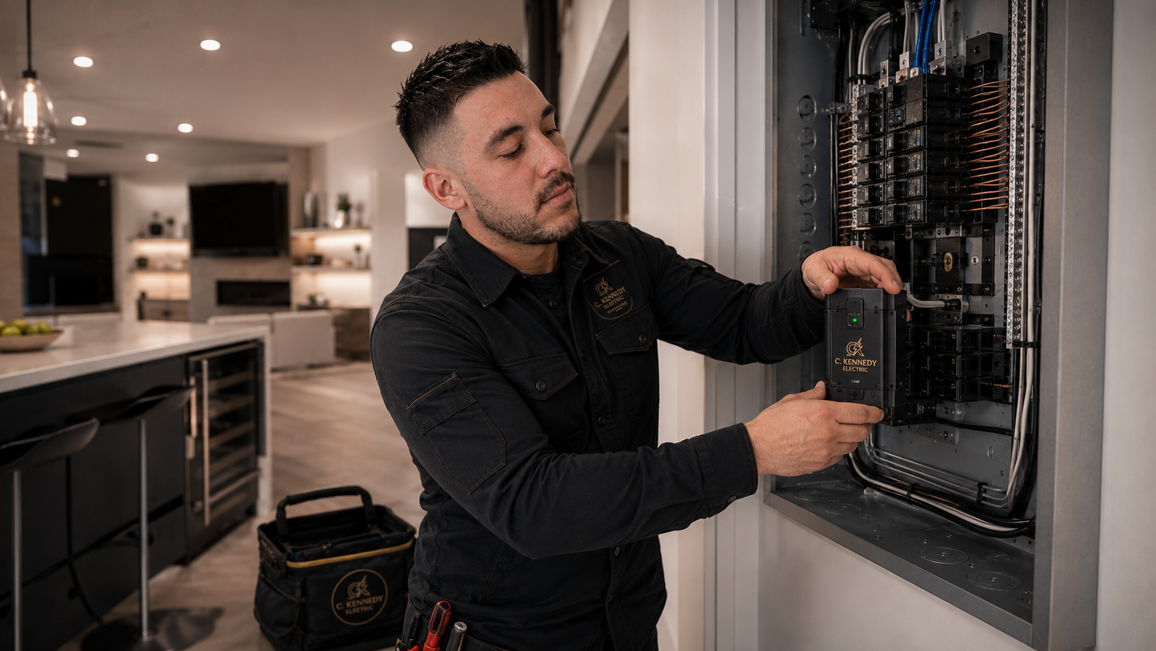 Christopher Kennedy installing a branded C. Kennedy Electric panel cover on a new electrical panel in a modern luxury home