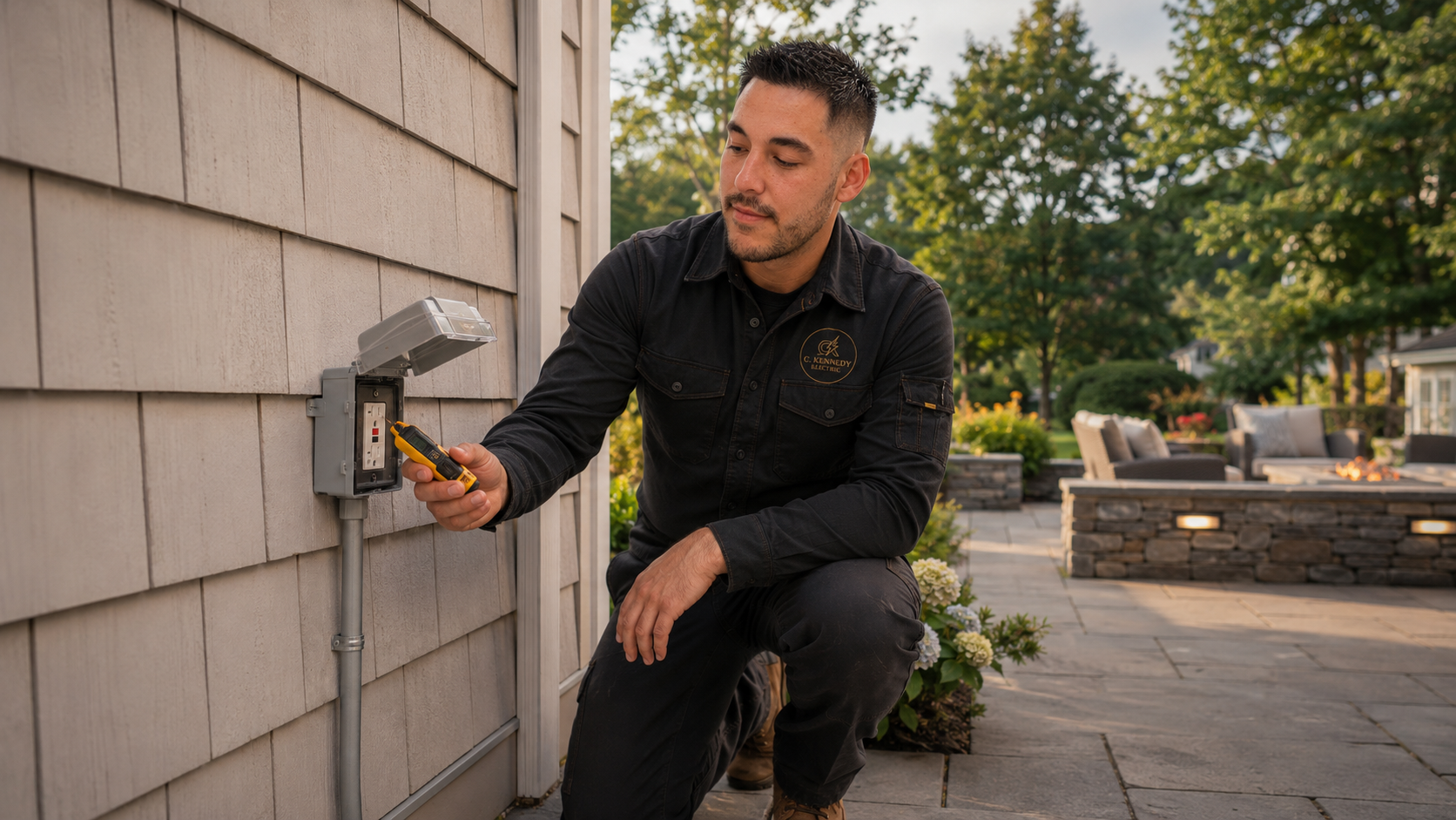Christopher Kennedy crouching while installing a weatherproof outdoor GFCI outlet on house siding next to a luxury patio