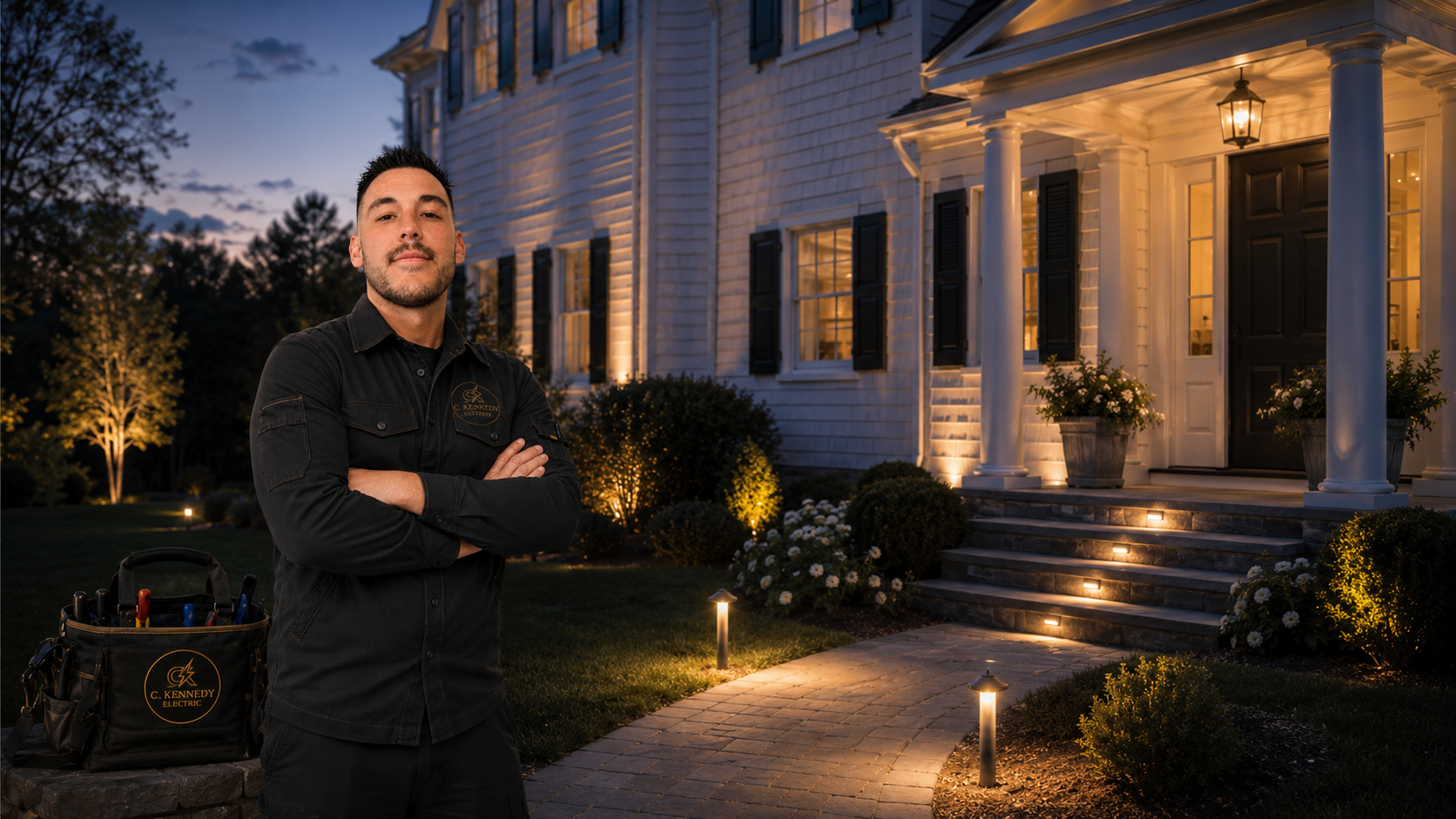 Christopher Kennedy standing in front of a beautifully lit colonial home at dusk with C. Kennedy Electric tool bag