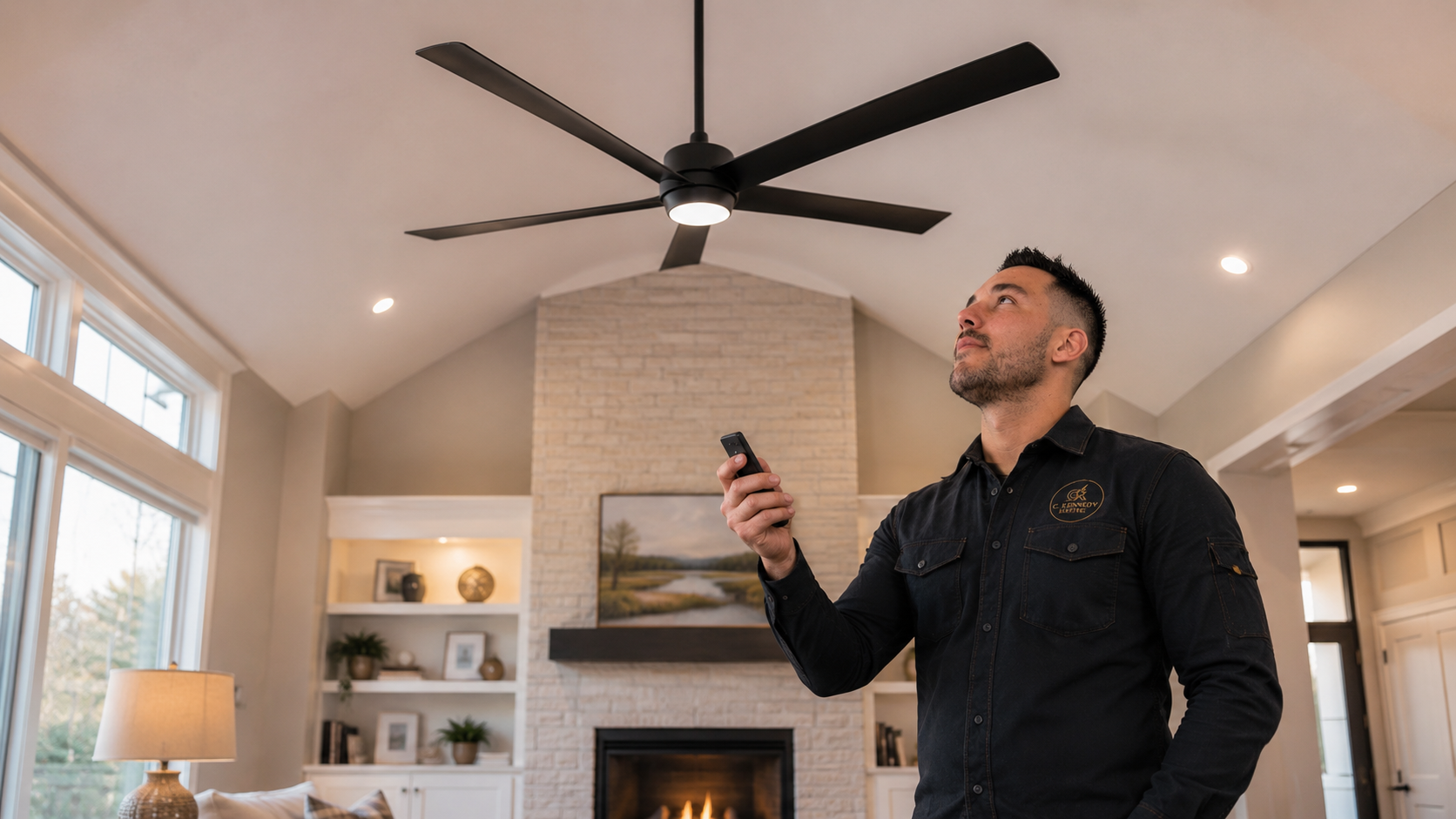 Christopher Kennedy holding a remote and looking up at a large 5-blade ceiling fan he just installed in a luxury great room