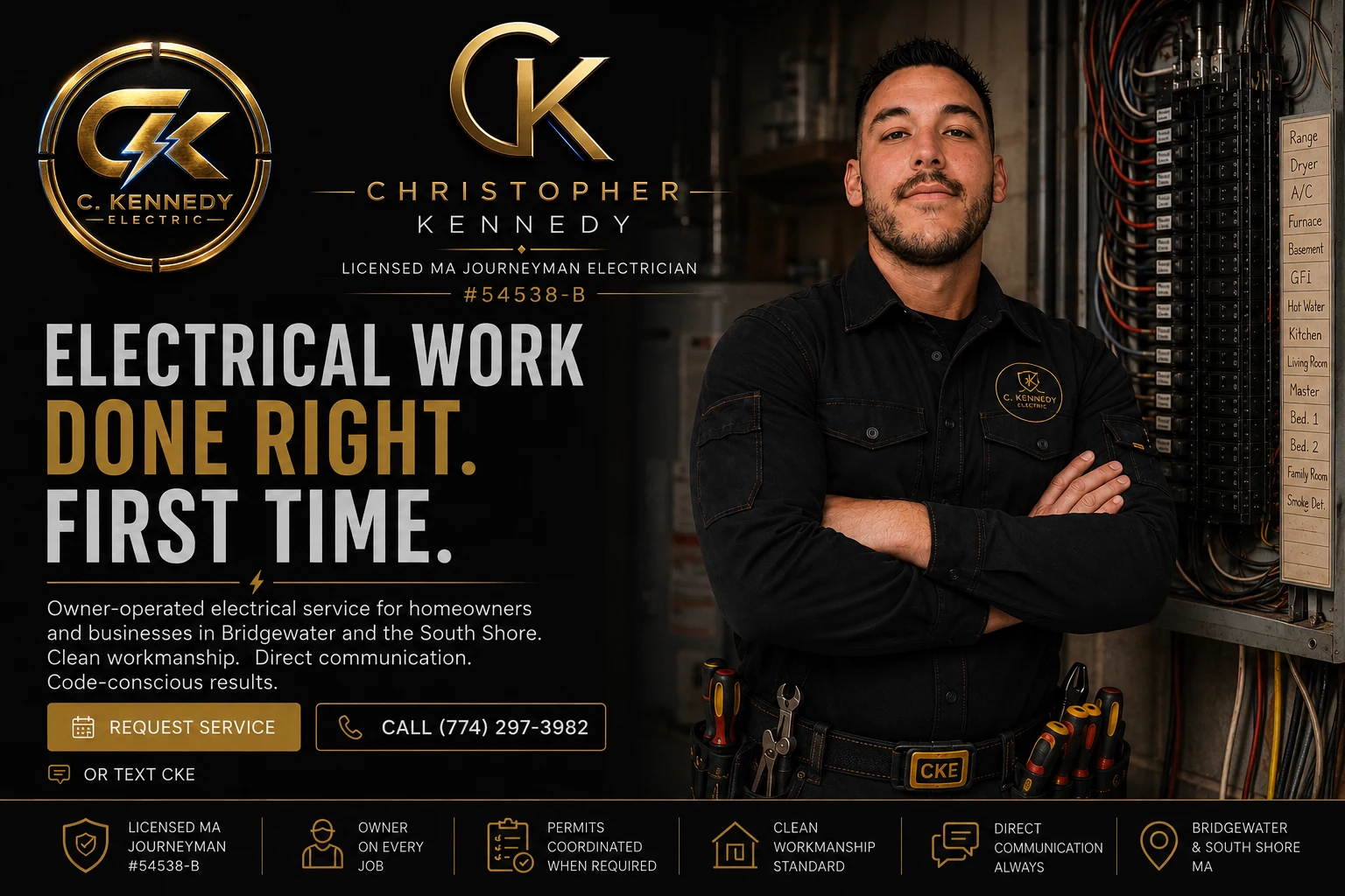 Christopher Kennedy, owner and licensed electrician at C. Kennedy Electric, arms crossed in front of a fully labeled electrical panel — Electrical Work Done Right, First Time